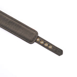 Close-up of Kinbaku Ukiyo-e luxury red rosy lamb suede leather collar with copper-plated adjustment holes