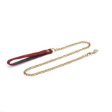 Kinbaku Ukiyoe luxury red rosy lamb suede leather collar with golden chain, embracing Japanese bondage art aesthetics