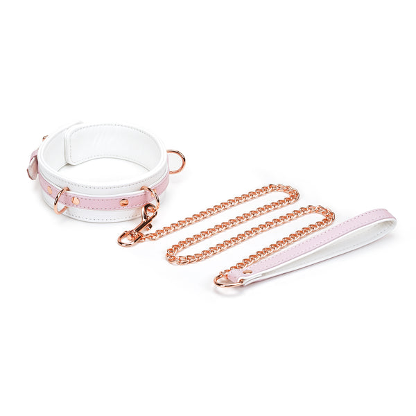 White and pink leather BDSM collar with detachable rose gold chain leash from Liebe Seele Fairy collection