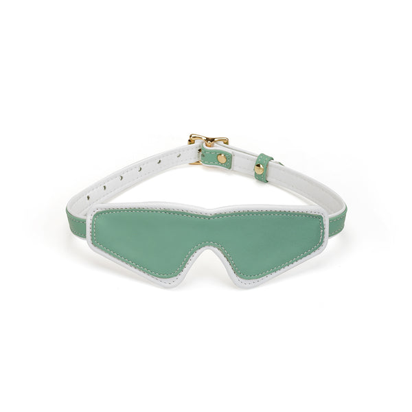 Fairy collection mint green and white leather blindfold with rose gold buckle, premium BDSM accessory for sensory play