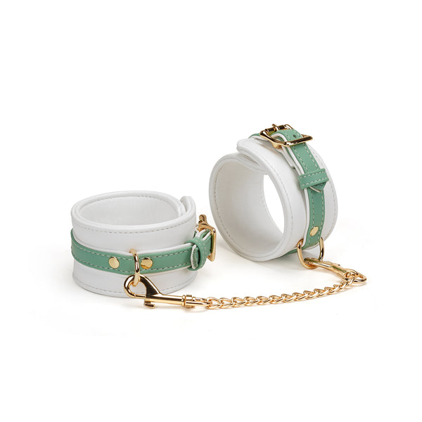 Fairy White and Green Leather Ankle Cuffs with Gold Hardware for BDSM play