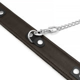 Brown leather bondage collar with silver D-ring and chain leash, detailed stitching and rivets for BDSM play