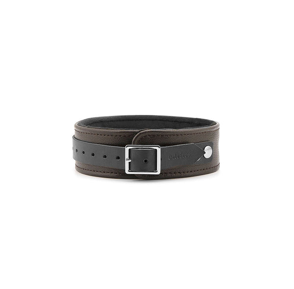 Brown leather BDSM collar with soft velvet lining and adjustable silver buckle, part of the Wild Gent collection