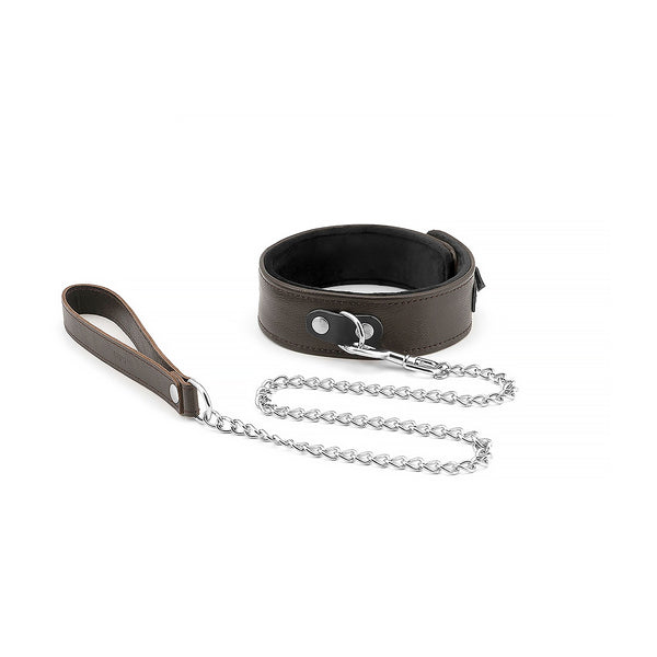 Brown leather bondage collar with soft lining and silver chain leash from the Wild Gent collection
