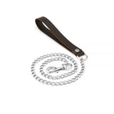 Brown leather bondage collar with soft lining and an attached silver chain leash from the Wild Gent Collection