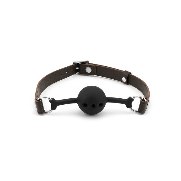 Breathable silicone ball gag with dark brown leather straps and silver metallic hardware from the Wild Gent collection