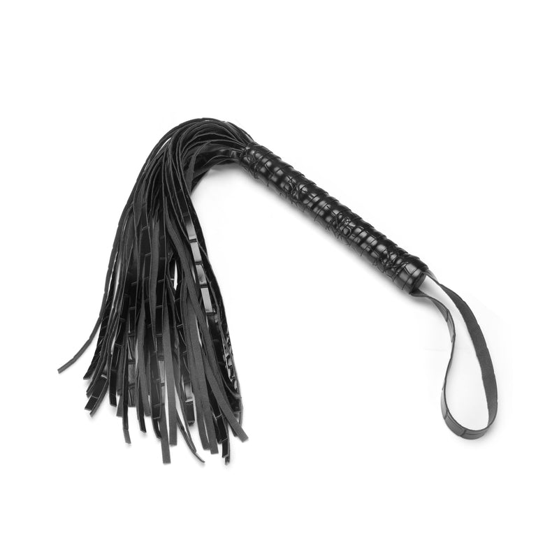 Black faux leather flogger with woven handle from Temptation 8 Pieces Bondage Kit