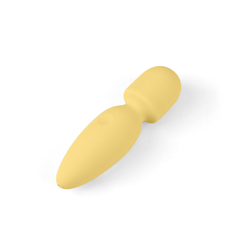 Yellow Macaron Mini Vibrator with 10 vibration modes, food-grade silicone material, and USB rechargeable feature
