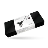 Packaging for Dark Secret Leather Forced Orgasm Wand Massager Harness Belt by LIEBE SEELE, featuring black leather strap-on illustration, quality and material icons, and Japanese text