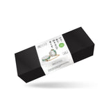 Packaging box for Fairy collection green and white leather ankle cuffs with gold hardware against a sophisticated black and white marbled design, emphasizing premium BDSM accessories.