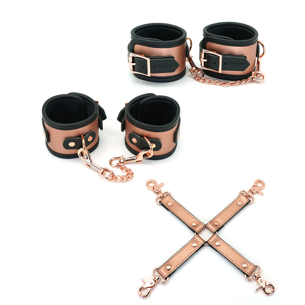 Rose Gold Memory leather hogtie and restraints set featuring wrist and ankle cuffs with black velvet lining and quick-release clips, ideal for bondage play