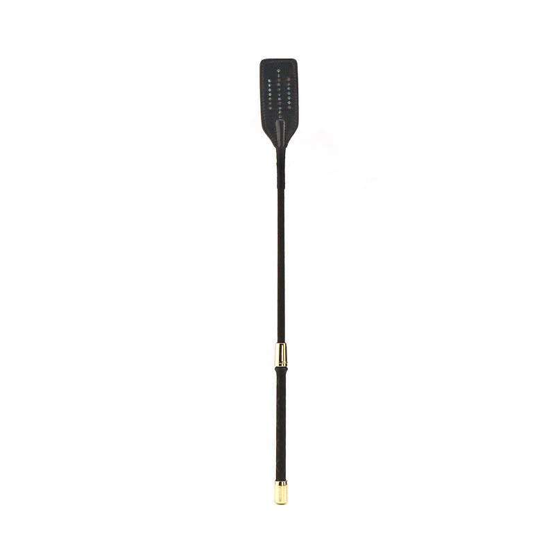Black leather Shining Girl riding crop with gold handle and rhinestone details, by LIEBE SEELE
