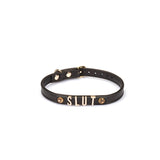 Black Italian leather choker with gold letters spelling SLUT adjustable fetish accessory