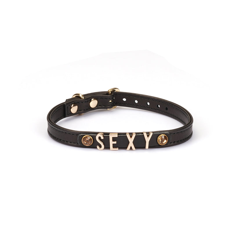 Black Italian Leather Choker with Gold Lettering 'SEXY' Adjustable Buckle Back
