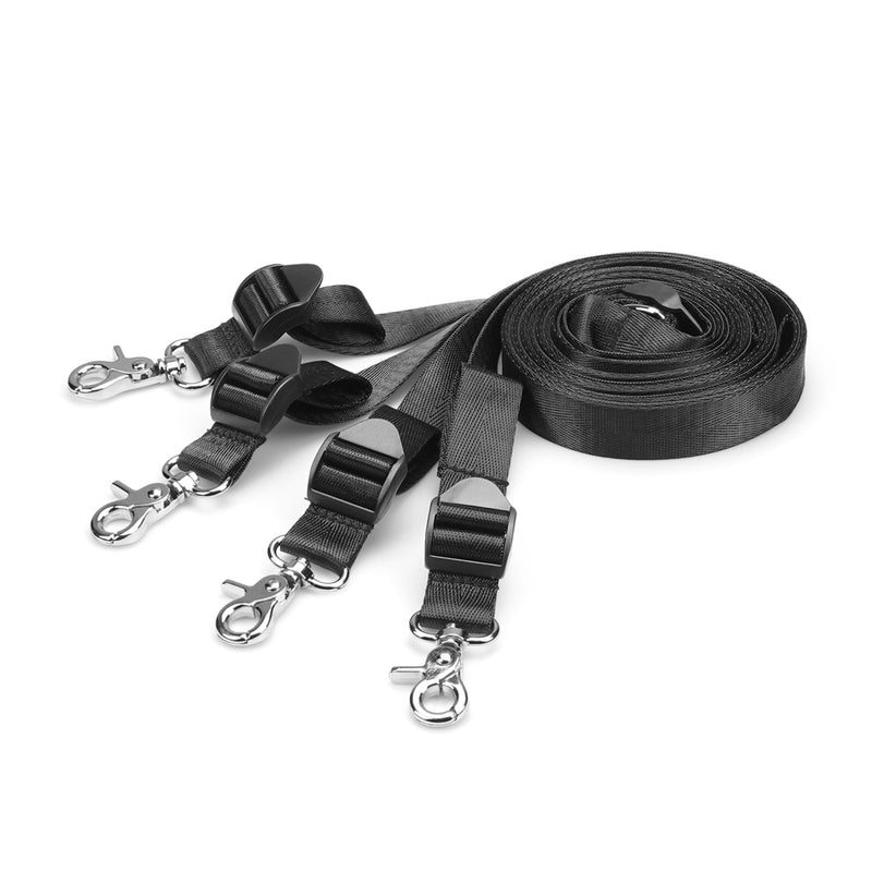 Black under-bed mattress restraint kit with adjustable cuffs and metal clips for bondage play