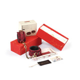 Kinbaku Ukiyo-e Luxury Red Rosy Lamb Suede Leather Handcuffs set with elegant packaging, showcasing traditional Japanese Ukiyoe art and modern BDSM aesthetic, product code HC-80917RD