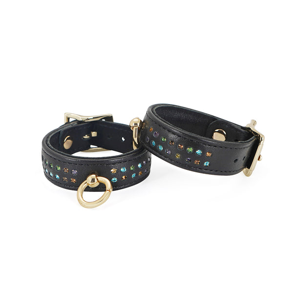 Shining Girl black leather ankle cuffs with gem embellishments and gold hardware