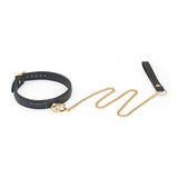 Shining Girl black leather collar with colorful gemstones and gold chain leash for bondage play
