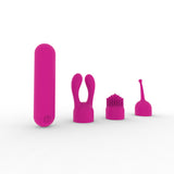Dynamic Rainbow Silicone Bullet Vibrator with three interchangeable heads in pink, highlighting different stimulation options