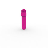 Bright pink dynamic rainbow silicone bullet vibrator with interchangeable head designed for precise stimulation
