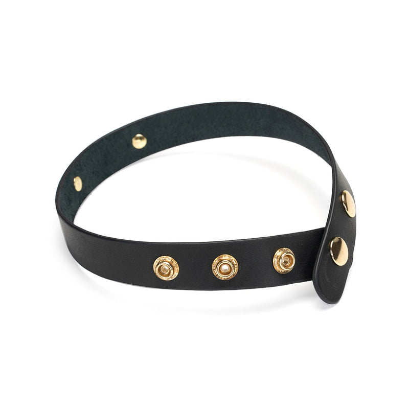 Black leather choker with gold metal fasteners, adjustable, from LIEBE SEELE's premium bondage and fetish products collection