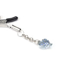 Adjustable nipple clamp with rubber tips and heart-shaped luminous stone pendant in lake blue for comfortable and tailored bondage play