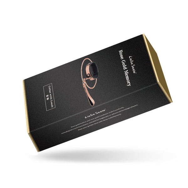 Rose Gold Memory leather collar and chain leash packaging by LIEBE SEELE, showcasing product details and elegant design
