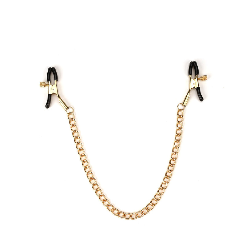 Gold chained black nipple clamps with adjustable screws for beginner's bondage kit