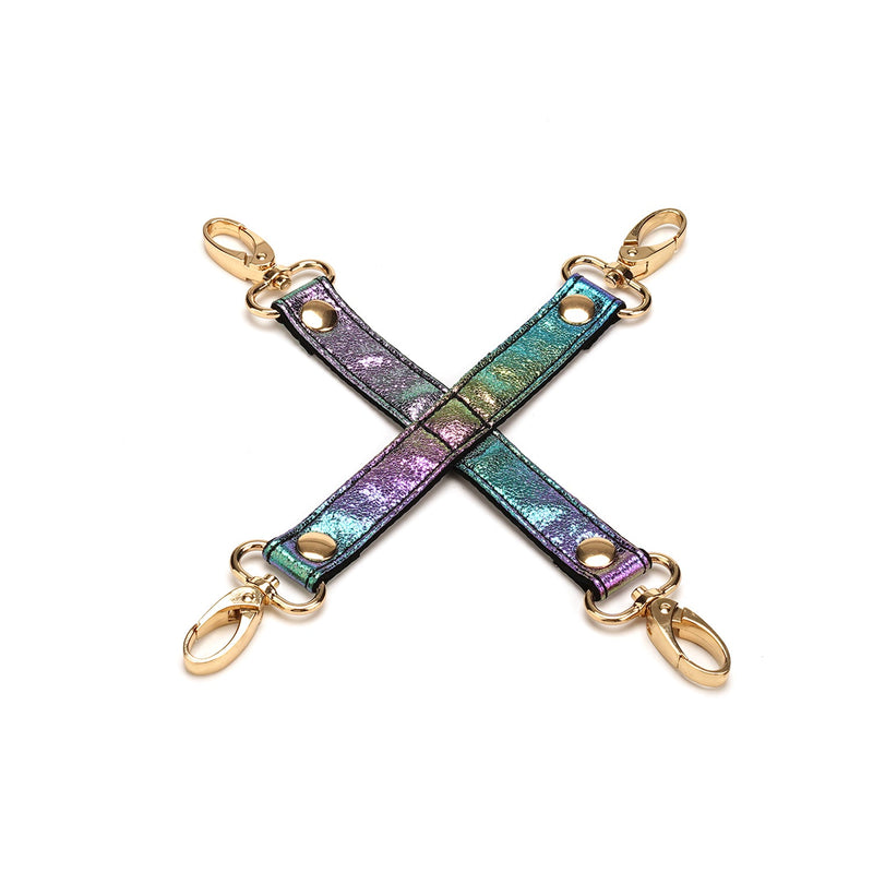 Vivid Niji soft bondage hogtie with rainbow holographic fabric and rose gold metal rings, perfect for beginner's BDSM kit