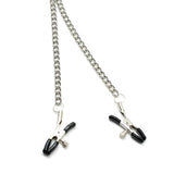 Adjustable silver bull nose nipple clamps with rubber tips connected by a metal chain, ideal for restraint play and arousal control