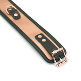 Rose gold leather bondage collar with metal buckle and black trim, adjustable for S&M play