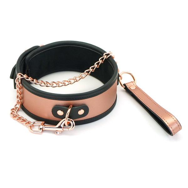 Rose gold leather S&M slave collar with faux fur lining, adjustable strap, and detachable metal chain leash for bondage play