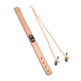 Rose gold leather bondage collar with adjustable nipple clamps and metal chain, featuring luxury faux-fur lining and elegant design for enhanced sensory play