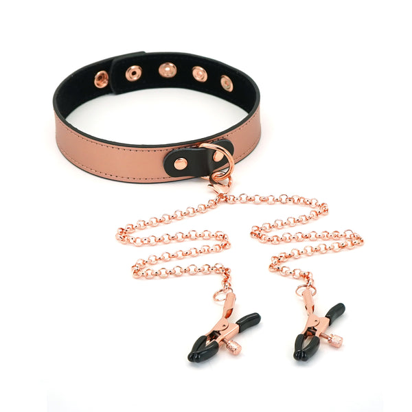 Rose gold leather S&M collar with adjustable nipple clamps, part of the Rose Gold Memory bondage collection