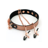 Rose gold leather bondage collar with adjustable nipple clamps and faux fur lining for comfortable, sophisticated restraint play