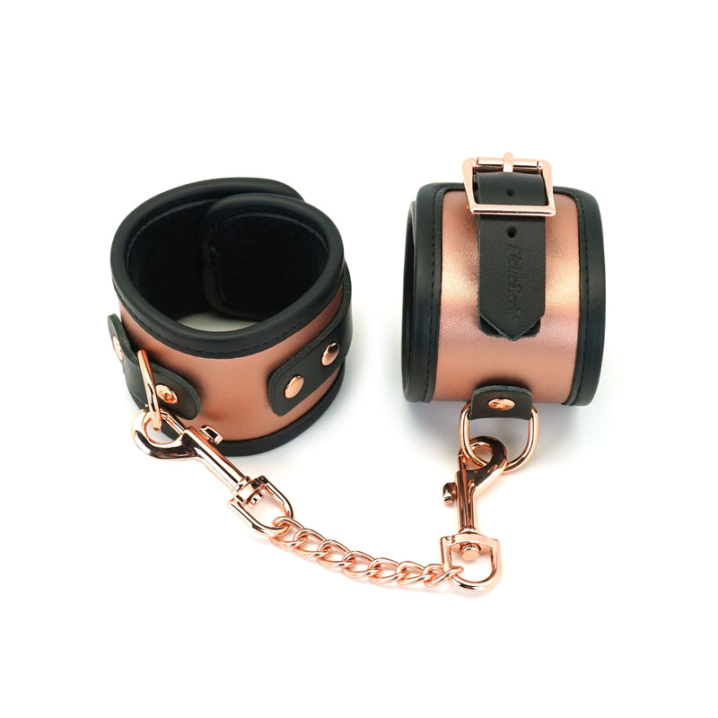 Rose Gold Leather Handcuffs with Black Faux Fur Lining and Quick-Release Clips for BDSM Play