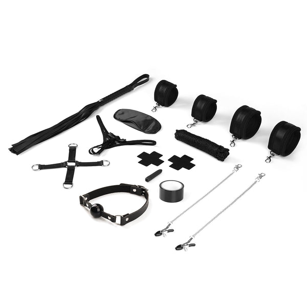 Complete beginner's 12-piece BDSM bondage kit featuring black restraints, flogger, blindfold, ball gag, and nipple clamps from LIEBE SEELE.