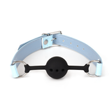 Electric blue beginner's bondage ball gag with adjustable straps and silver hardware from Macaron Bondage Kit
