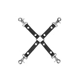 Recycled leather Black Bond hogtie with quick-release clips for sustainable BDSM play