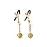 Gold heart-shaped nipple clamps with rubber coated tips and attached chain, model NC-80325YL
