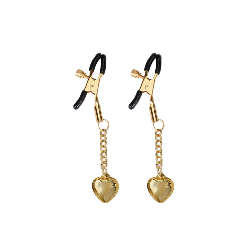 Gold heart-shaped nipple clamps with rubber coated tips and attached chain, model NC-80325YL