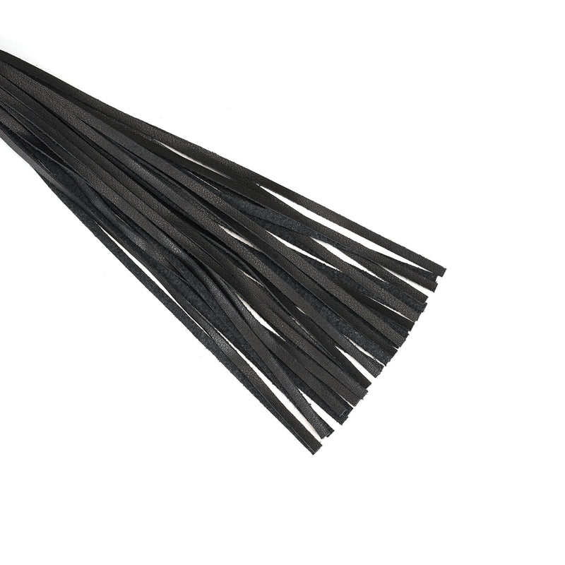 Black Bond lightweight leather flogger whip for bondage play, crafted from recycled materials with a smooth handle and multiple leather fronds.