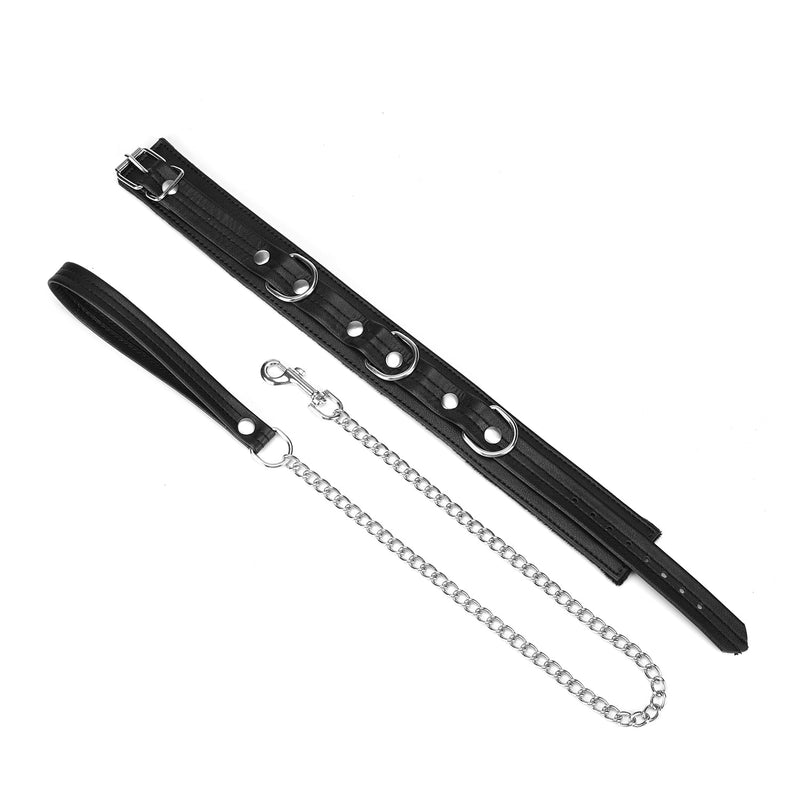 Black Bond eco-friendly recycled leather collar with soft lining and detachable silver chain leash for BDSM play.
