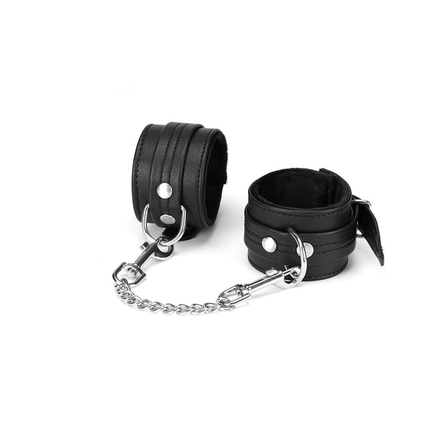 Eco-friendly Black Bond recycled leather handcuffs with soft lining and adjustable metal buckles for BDSM play