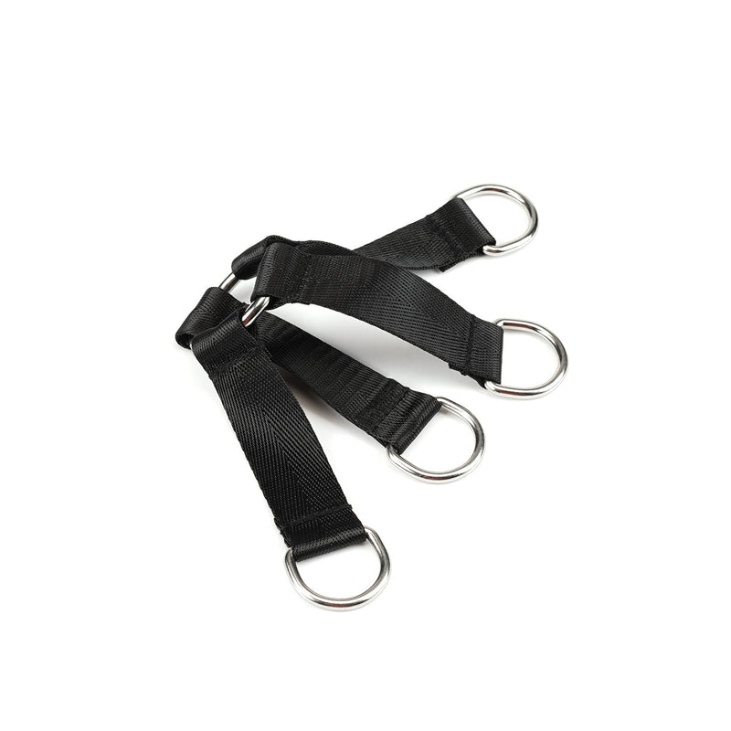 Black bondage hogtie with Velcro fasteners and metal rings from Bound You beginner's bondage kit.