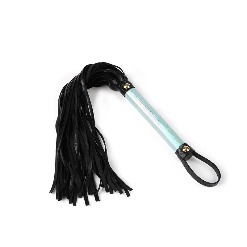 Black leather flogger with holographic blue handle from the Vivid Sorairo bondage kit
