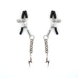 Silver adjustable nipple clamps with lightning bolt pendants designed for comfortable and tailored bondage play