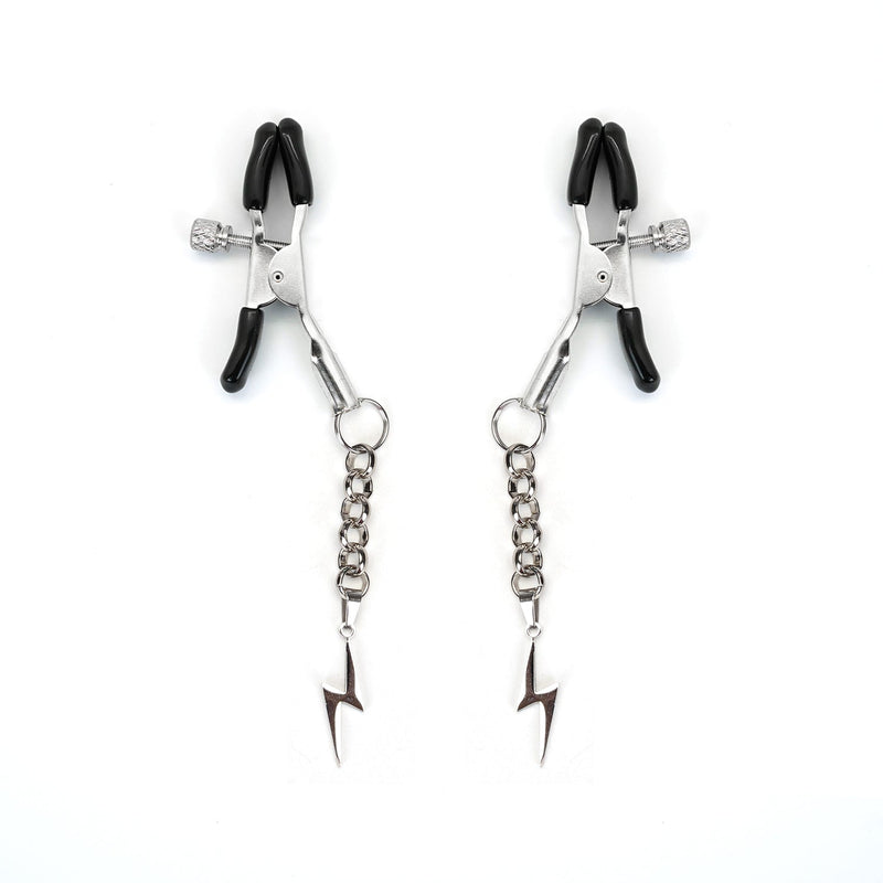Silver lightning-shaped adjustable nipple clamps with rubber tips for comfortable wear, ideal for tailored sensory play