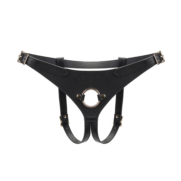 Luxurious black leather strap-on harness with golden hardware, adjustable straps, and 1.5 inch O-ring from the Dark Secret bondage collection