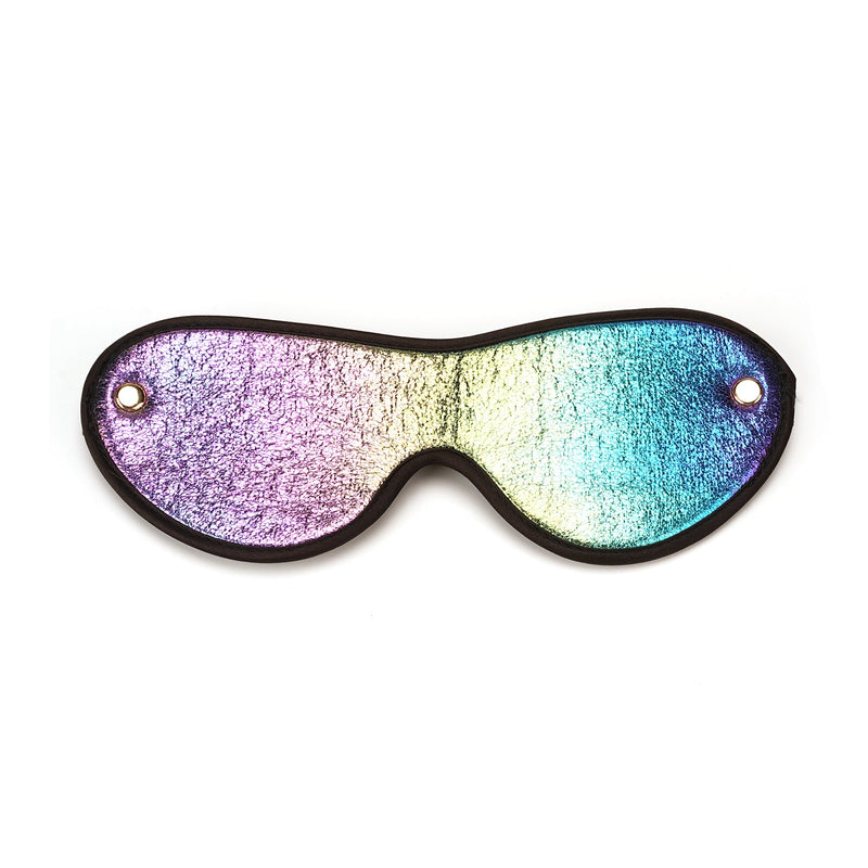 Holographic rainbow blindfold with gold rivets from beginner's BDSM bondage kit